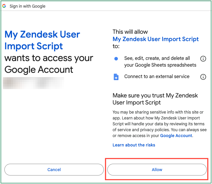 Managing Zendesk Orgs Through Google Sheets 4 Google Access Permission prompt