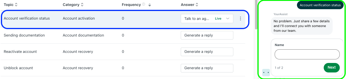 Zendesk AI Agents in 2 minutes or less 7 Intent configured to Talk to an agent instead
