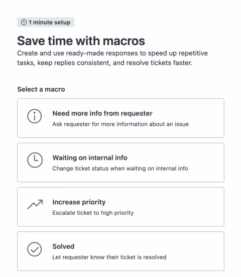 Zendesk macro setup wizard for Suite trial accounts