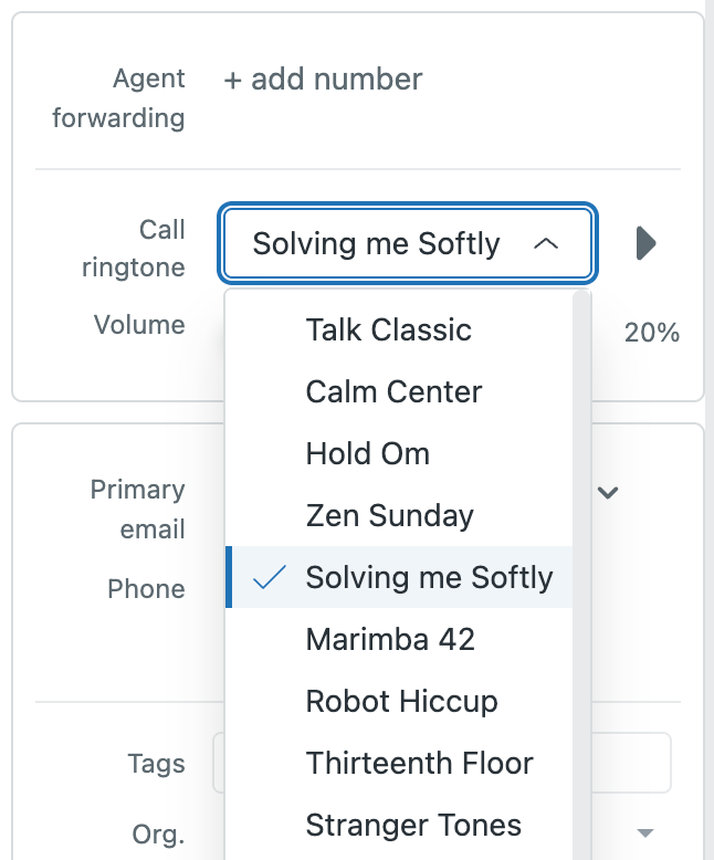 Zendesk Voice ringtone and volume settings in the agent profile